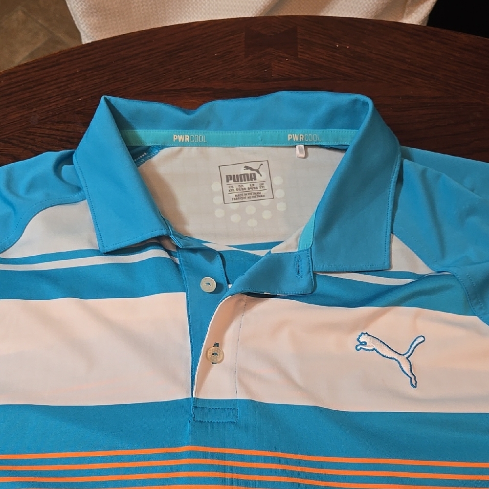 Puma Turquoise and White Striped Polo